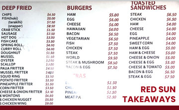 Red Sun Chinese Takeaways NZ Menu Price