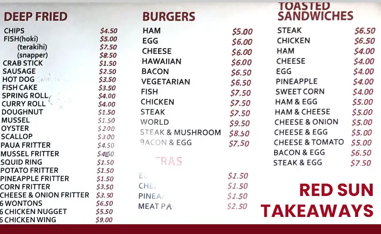 Red Sun Chinese Takeaways Menu Prices NZ 2024